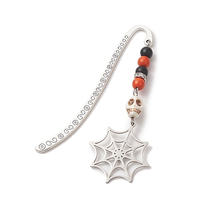 Halloween Theme Coffin Spider Web Alloy Hook Bookmarks, with Synthetic Black Stone & Turquoise, 201 Stainless Steel Pendants