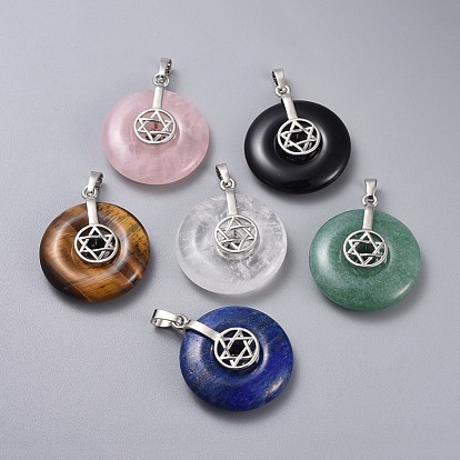 Gemstone Pendants, for Jewish, with Platinum Tone Brass Findings, Donut/Pi Disc with Star of David