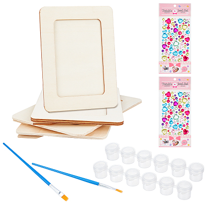 DIY Painting Crafts, Including Unfinished Wood Picture Frames, Plastic Paint Brushes Pens & Paint Pots Strips, Transparent Acrylic Rhinestone Sticker