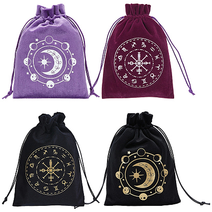 4 Stück 4 Stile bedruckte Samtbeutel mit Kordelzug zur Aufbewahrung von Tarotkarten, Rechteck, Gemischte Farbe