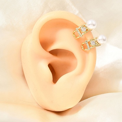 Brass Micro Pave Cubic Zirconia Cuff Earrings, Round, with ABS Plastic Pearl for Women, Rack Plating, Long-Lasting Plated, Cadmium Free & Lead Free, Real 18K Gold Plated