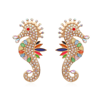 Boucles d'oreilles hippocampes colorées avec perles - clous d'animaux mode rétro