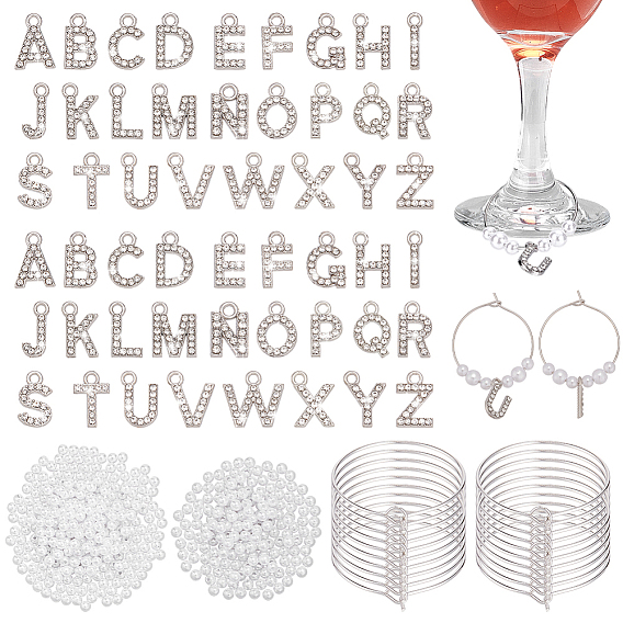 Подвески для винных бокалов своими руками, маркировка, поцелуй, включая фурнитуру для серег-колец из латуни, круглый имитация жемчуга акриловые бусины, подвески из сплава со стразами, буквы от a до z