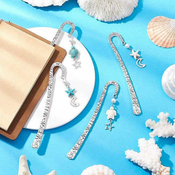 4шт. закладки-крючки из сплава, закладки для книг в виде морской звезды, черепахи, синтетической бирюзы и сплава со звездой и луной