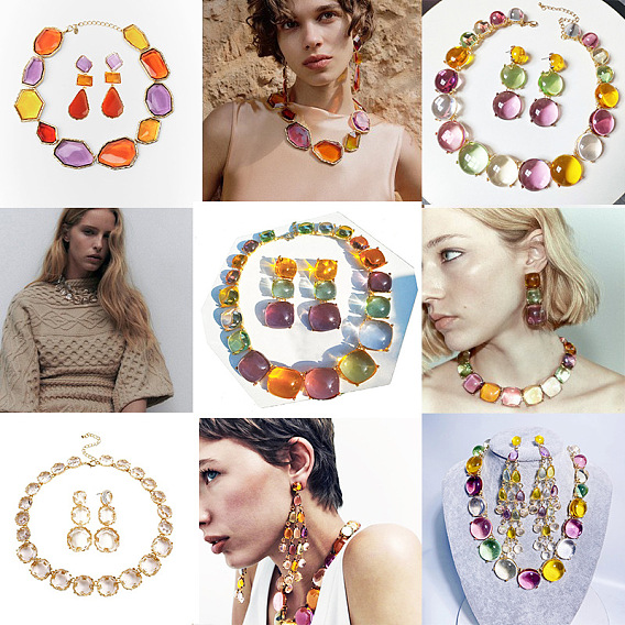 Комплекты из цепочек-цепочек из сплава и прозрачного акрила и сережек-гвоздиков, золотые