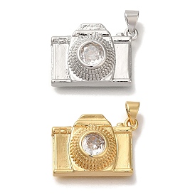 Rack Plating Brass Micro Pave Cubic Zirconia Pendants, Cadmium Free & Lead Free, Long-Lasting Plated, Camera