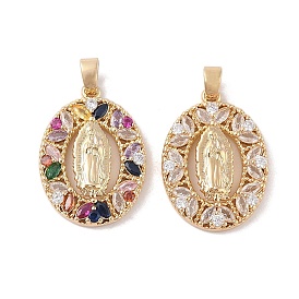 Brass Cubic Zirconia Pendants, Long-Lasting Plated, Oval with Holy Virgin Charms, Golden