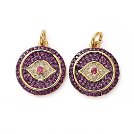 Латунные микро проложить кубического циркония подвески, с прыжковых колец, плоские круглые с глаз, металлический черный & золотой