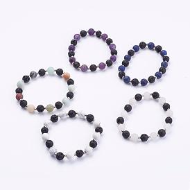 Frosted Gemstone Beads Stretch Bracelets, with Iron Beads and Natural Lava Rock Beads, Platinum