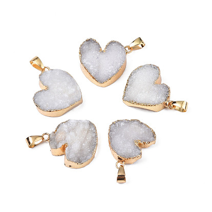 Natural Druzy Agate Pendants, with Golden Tone Brass Edge, Heart
