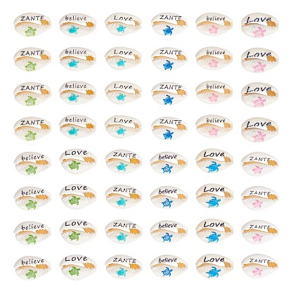 48Pcs 12 Style Printed Cowrie Shell Beads, No Hole/Undrilled, Sea Turtle & Love