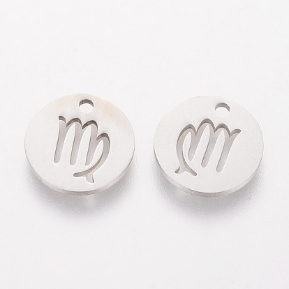304 Stainless Steel Charms, Flat Round with Constellation/Zodiac Sign