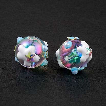 UV Plating Rainbow Iridescent Acrylic Enamel Beads, with ABS Imitation Pearl Beads and Brass & Glass, Bumpy, Round with Star & Flower