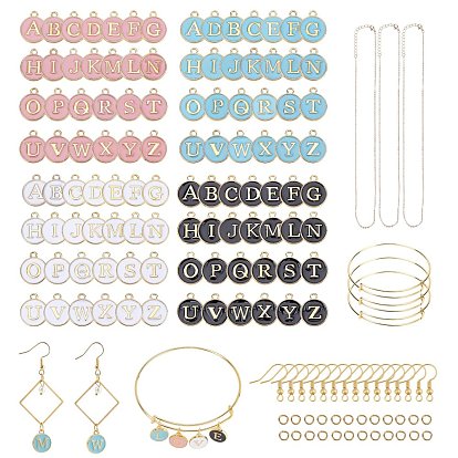 DIY Schmuck Set Herstellung Kits, Dazu gehören Eisenohrringhaken und Kabelketten, Halsketten und Armreifen, 26 Buchstaben Legierung Emaille Charms