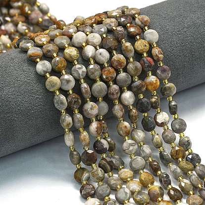 Натуральные нити бусин агата, граненый пятиугольный разрез, плоско-круглые, с бисером