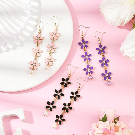 3 пары 3 цвета цинковый сплав эмаль цветок серьги подвески, со стеклянным жемчугом и 304 крючками для сережек из нержавеющей стали, золотые