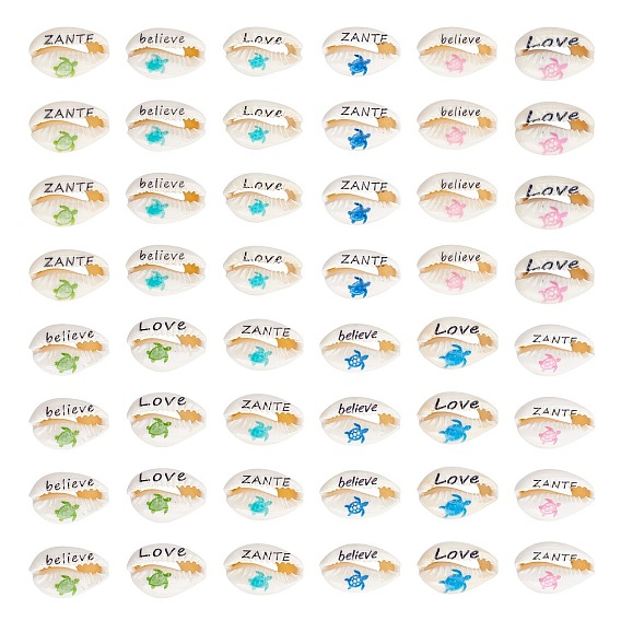 48Pcs 12 Style Printed Cowrie Shell Beads, No Hole/Undrilled, Sea Turtle & Love