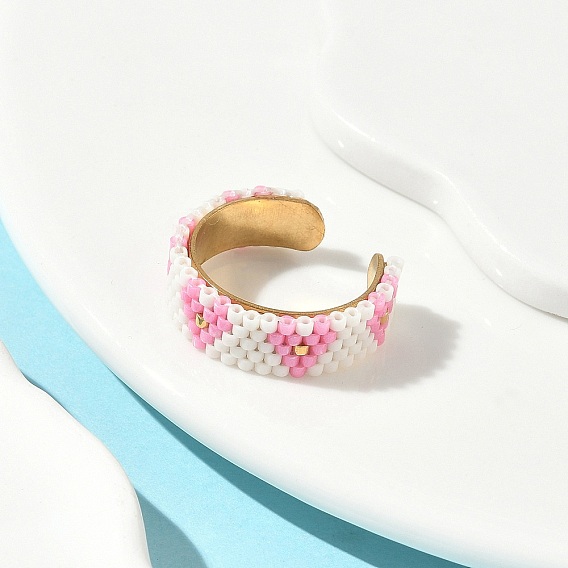 Стеклянные бусины с 304 манжетными кольцами из нержавеющей стали, сердце, золотые