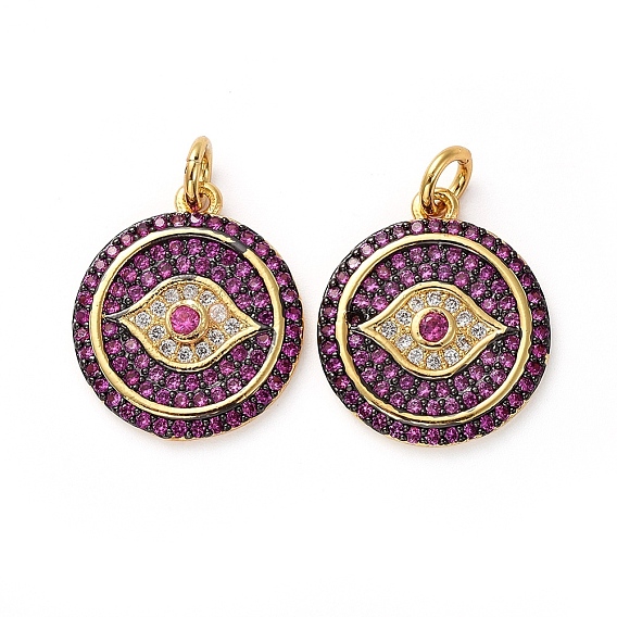 Латунные микро проложить кубического циркония подвески, с прыжковых колец, плоские круглые с глаз, металлический черный & золотой