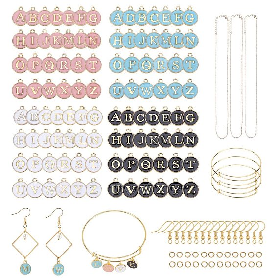DIY Jewelry Set Making Kits, include Iron Earring Hooks & Cable Chains Necklace Makings & Bangle Making, 26 Letters Alloy Enamel Charms