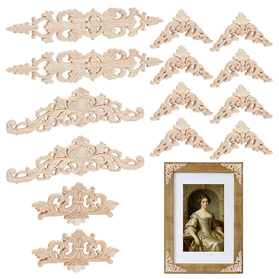 14pcs 4 styles d'appliques en bois sculptées et incrustées, décoration de la maison de meubles onlay non peints, fleur