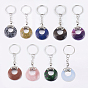 Gemstone Keychain, with Platinum Plated Iron Key Rings and Brass Findings, Flat Round