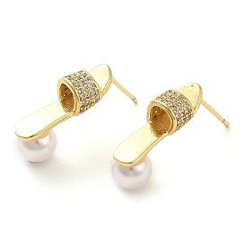 Rack Plating Brass Micro Pave Cubic Zirconia Stud Earring, with Plastic Imitation Pearl, Long-Lasting Plated, Cadmium Free & Lead Free, Shoes