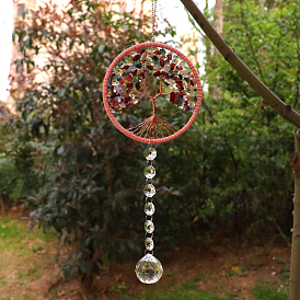 Tree of Life Mixed Gemstone Chip Suncatcher, Glass Teardrop Pendant Decoration