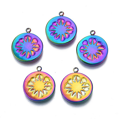 Ion Plating(IP) 304 Stainless Steel Pendants, Cadmium Free & Nickel Free & Lead Free, Flat Round with Sun