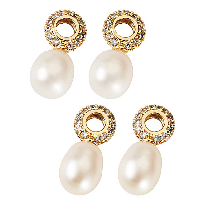 4 шт. Подвески из натурального культивированного пресноводного жемчуга., шармы из риса с латунными микро-паве прозрачными кубическими цирконами подвески-петли, цветочный белый