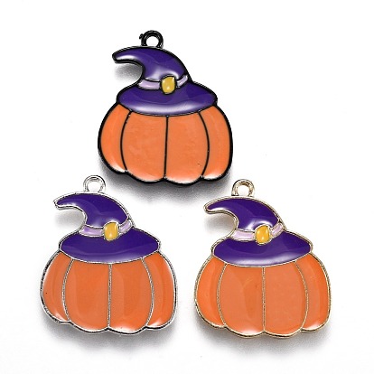 Halloween Theme Alloy Enamel Pendants, Orange Pumpkin with Purple Magic Hat