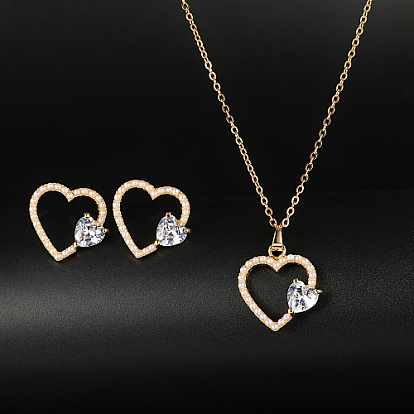 Clear Cubic Zirconia Heart Jewelry Set with Plastic Imitation Pearl, Alloy Stud Earring & Pendant Necklace