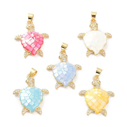 Real 18K Gold Plated Brass Micro Pave Clear Cubic Zirconia Pendants, with Shell filled in Enamel, Long-Lasting Plated, Turtle