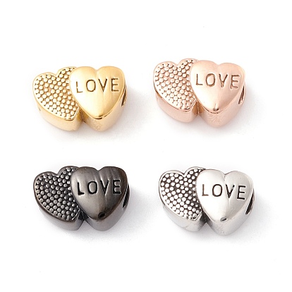 304 Stainless Steel European Beads, Large Hole Beads, Manual Polishing, Double Heart with Word Love