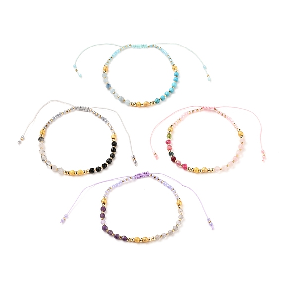 Adjustable Nylon Thread Braided Bead Bracelets, with Gemstone Beads, Glass Seed Beads and Brass Beads, Real 18K Gold Plated