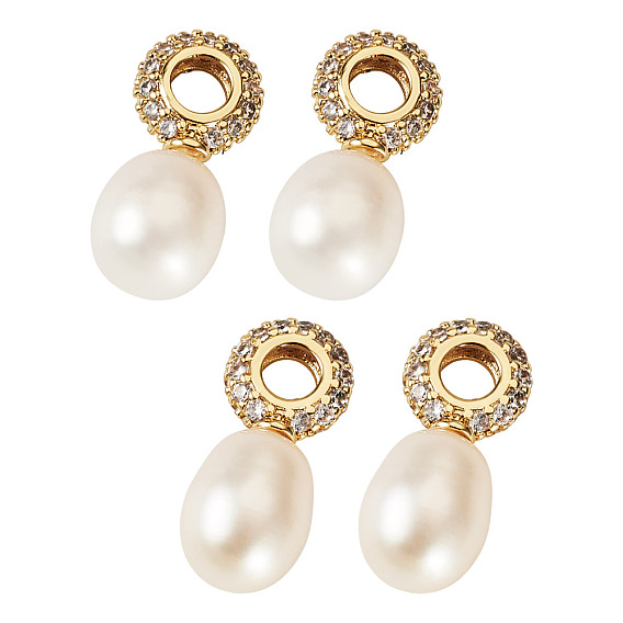 4 шт. Подвески из натурального культивированного пресноводного жемчуга., шармы из риса с латунными микро-паве прозрачными кубическими цирконами подвески-петли, цветочный белый