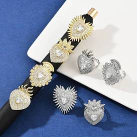 Латунные кольца из манжеты с прозрачным цирконием, без кадмия и без свинца, сердце