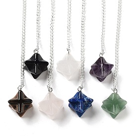 Natural Gemstone Star Pendant Dowsing Pendulums, with Silver Plated Iron Cable Chains and Glass Round Bead