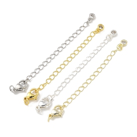 Brass Chain Extender, with Lobster Claw Clasps and Cubic Zirconia Charms, Flat Round