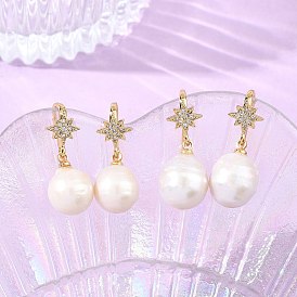 Natural Baroque Pearl Keshi Pearl Dangle Earrings, with Brass Micro Pave Clear Cubic Zirconia Star Earring Hooks