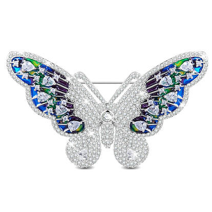 Brass Safety Brooch, with Grade AAA Cubic Zirconia and Epoxy Resin, Butterfly