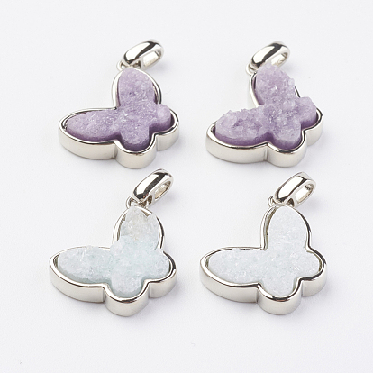 Electroplated Natural Druzy Quartz Pendants, with Brass Findings, Butterfly