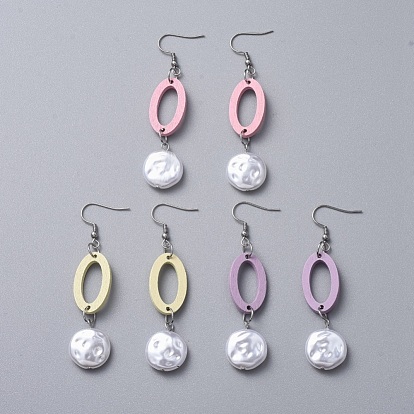 Painted Poplar Wood Dangle Earrings, with ABS Plastic Imitation Pearl Beads and 316 Surgical Stainless Steel Earring Hooks