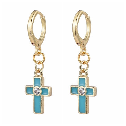 Brass Huggie Hoop Earrings, with Clear Cubic Zirconia, Enamel and Cardboard Boxes, Cross, Golden