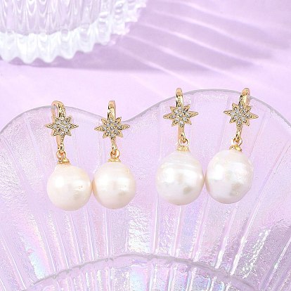 Natural Baroque Pearl Keshi Pearl Dangle Earrings, with Brass Micro Pave Clear Cubic Zirconia Star Earring Hooks