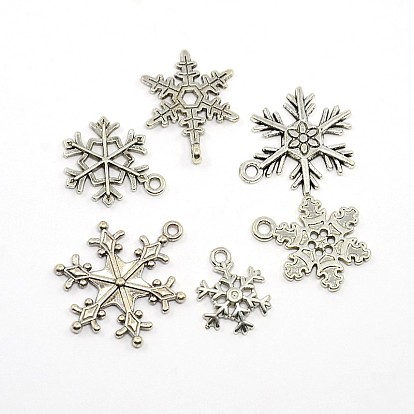 Mixed Vintage Tibetan Style Alloy Snowflake Pendants, 17~24x13~19x1.5~2mm, Hole: 2mm, 6pcs/set