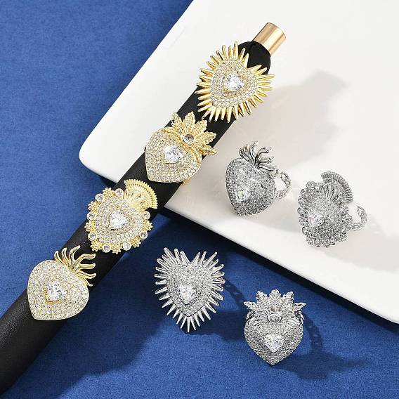 Латунные кольца из манжеты с прозрачным цирконием, без кадмия и без свинца, сердце