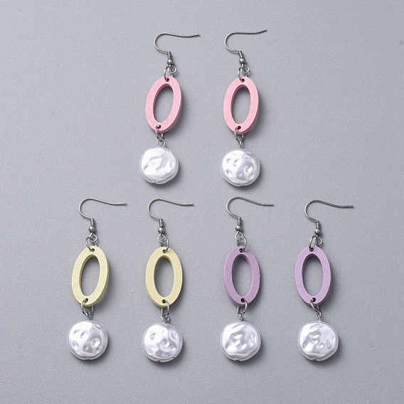 Painted Poplar Wood Dangle Earrings, with ABS Plastic Imitation Pearl Beads and 316 Surgical Stainless Steel Earring Hooks
