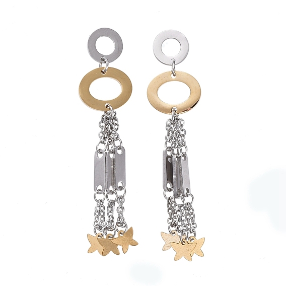 304 Stainless Steel Dangle Earrings, with Cable Chain and Ear Nuts, Oval and Star