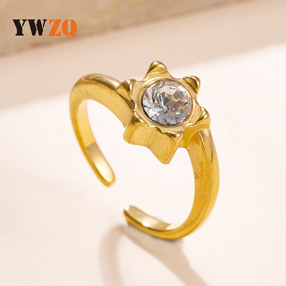 304 Stainless Steel Cuff Open Rings, Sun, with Rhinestone
